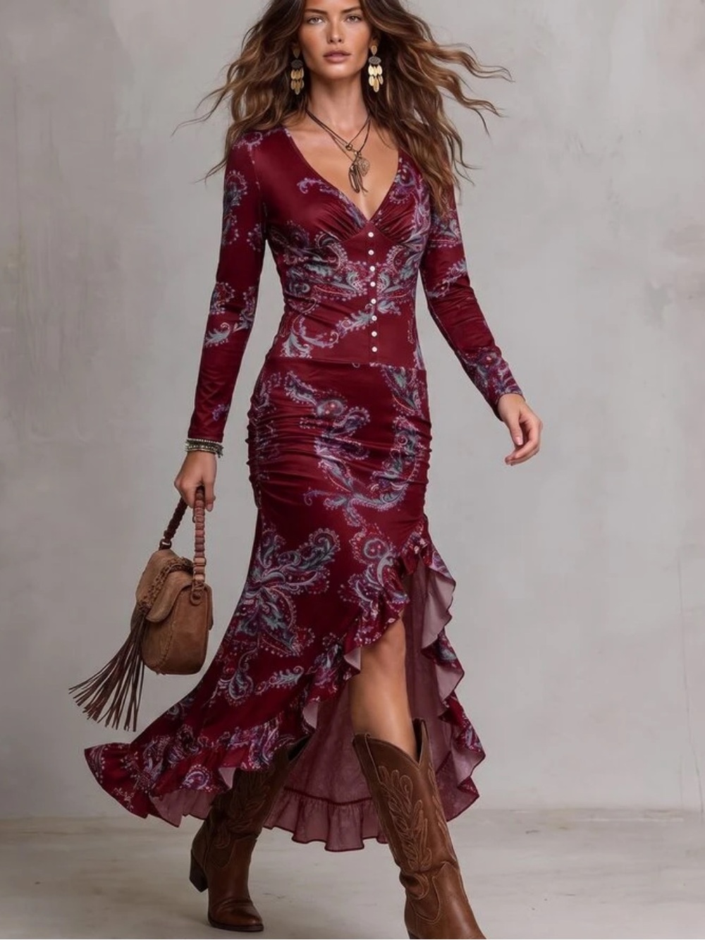 Women's Autumn Vacation Floral Print Side Slit Hem Dress, Burgundy